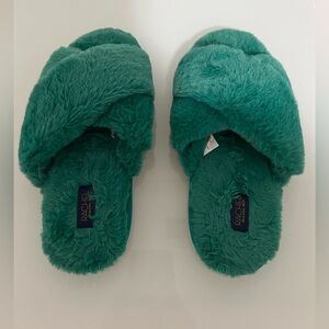 Rachel Roy green fuzzy slippers